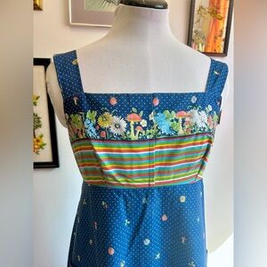Vintage 1970s Leisure Lady Prairie Cotton Apron Mushroom Dress, Cottagecore